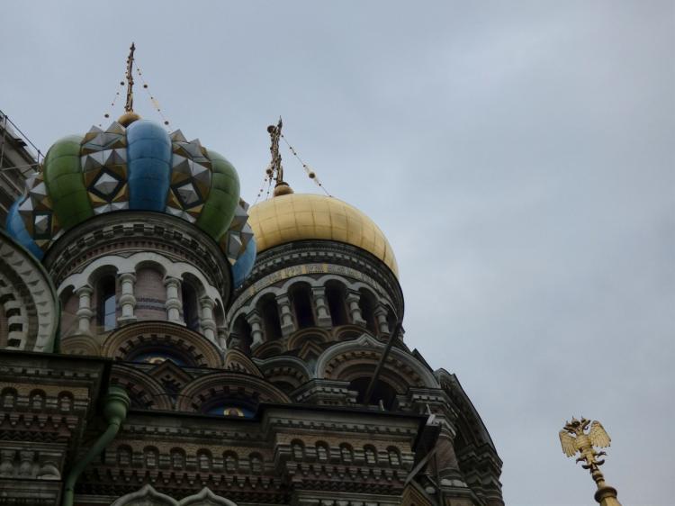 Detail view of some domed roofs on a cathedral featuring complex geometric patterns