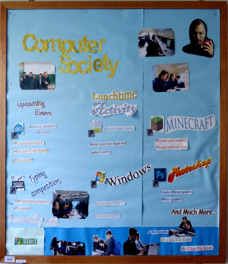 A hand-made poster featuring cut-and-pasted computer imagery, including pictures of Steve Jobs and logos of Microsoft, Photoshop and Minecraft on light blue paper. The title in yellow reads 'Computer Society'