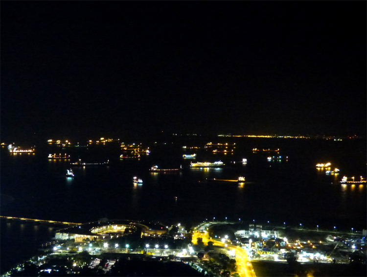 The orange lights of streets along the coastline and many cargo ships scattered about on the sea