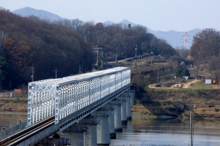 A single-track white railroad bridge made of steel leading across a river into rather colourless brown forest