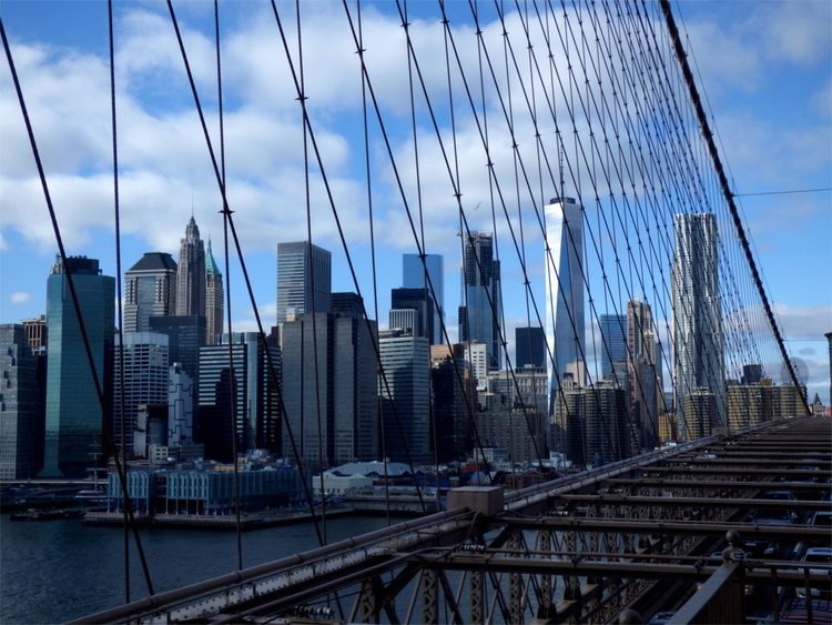 Skyscrapers of the New York skyline photographed from the Brooklyn bridge