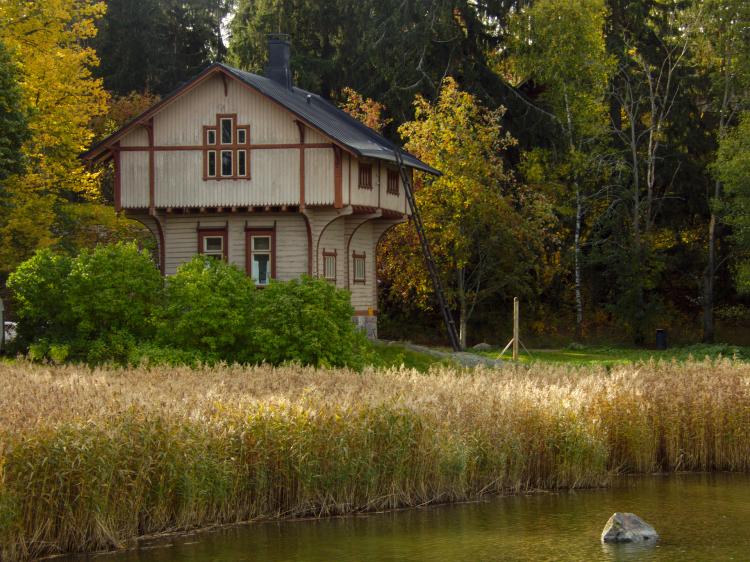 A small, traditional wooden house standing amidst dense reeds on the edge of a lake