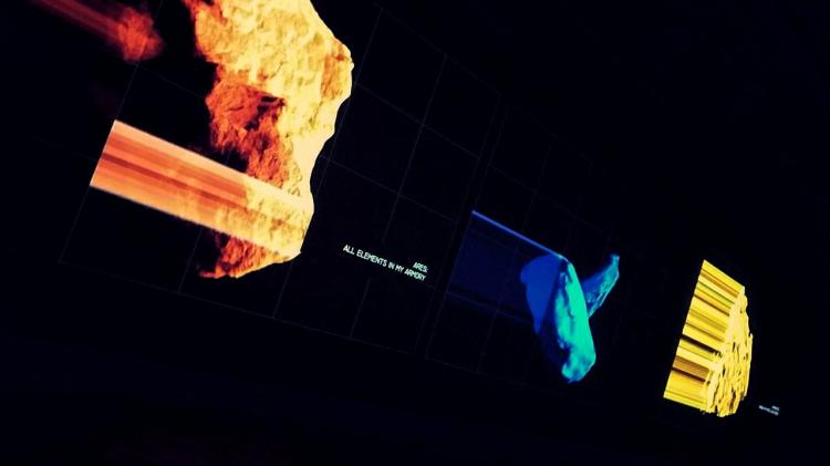 Three screens in the darkness, showing glitchy, computer-animated planets or asteroids, one red, one blue, and one yellow. Next to the red planet are the words 'Ares / All elements in my armory'